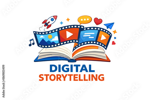 Digital storytelling concept with open book, media icons, and rocket