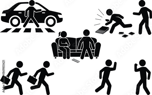 Collection Of Daily Life Stick Figure Icons Featuring Pedestrians Commuters Couch Sitting And Action Scenarios.