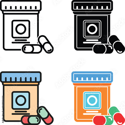 Prescription pill bottle vector icon with capsules for telemedicine and online pharmacy services. Ideal for digital prescriptions, medication management, healthcare apps, and online drugstore platform