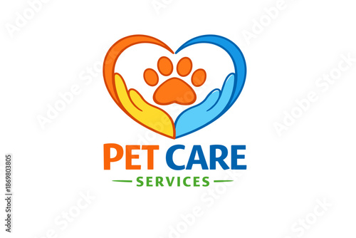Colorful heart-shaped pet care logo with paw and hands illustration