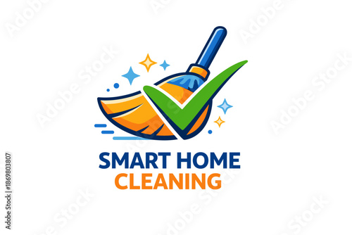 Smart home cleaning logo with broom and check mark design