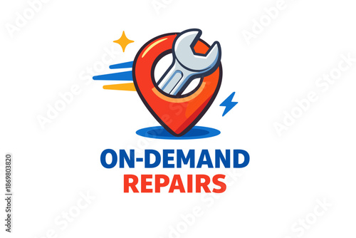 On-demand repairs service logo with wrench and location icon