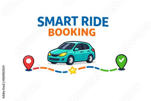 Smart ride booking concept with car, location pins, and checkmark on white background