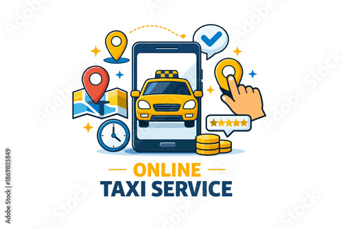 Online taxi service illustration with smartphone and gps elements
