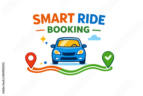 Colorful smart ride booking concept with car and travel icons