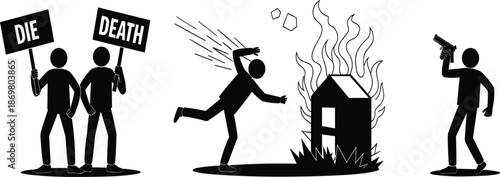 Stick Figure Silhouette Icons Depicting Violent Crime Scenarios Including Arson Shooting And Aggressive Public Protests.
