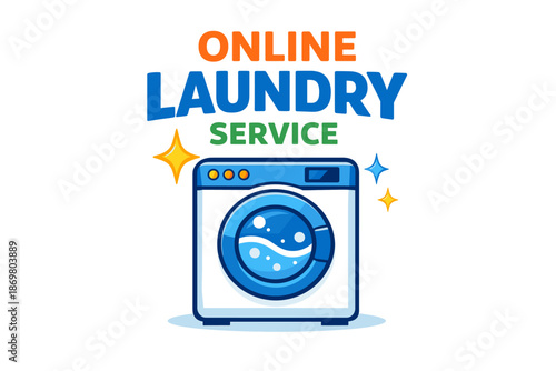 Colorful online laundry service logo with washing machine illustration