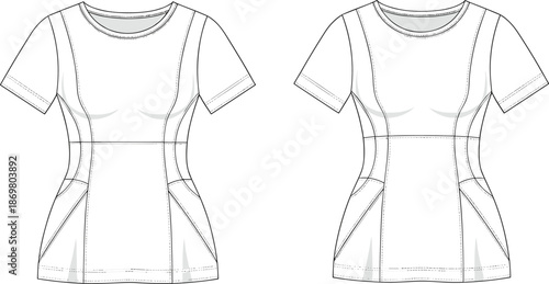 T-shirt, fashion, sketch, silhouette, technical, design, garment, princess seams, bust darts, pockets, fitted, apparel, neckline, stylish, illustration, construction, pattern, drawing, contour, women