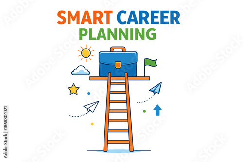 Smart career planning concept with ladder, briefcase, and paper planes
