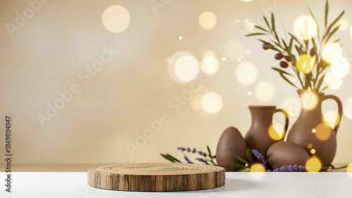 Wallpaper Mural Spring scene in rustic style with wooden podium, terracotta vases, and olive branches against golden bokeh background with copy space. Torontodigital.ca