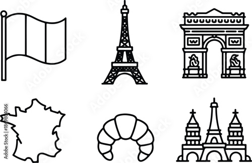 France National Symbol Outline Icon Set  Flag, Landmark, and Country Elements