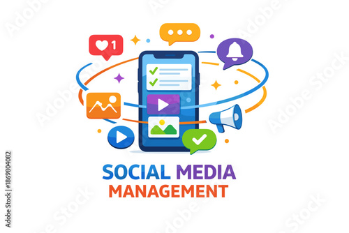 Mobile social media icons and elements surrounding a smartphone