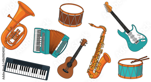 PrintSet of hand drawn musical instruments including electric guitar acoustic guitar saxophone tuba accordion piano keyboard and drums isolated on white background vector.