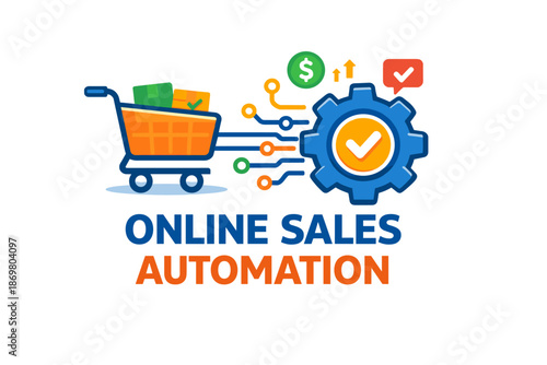 Online sales automation with shopping cart and gear icon