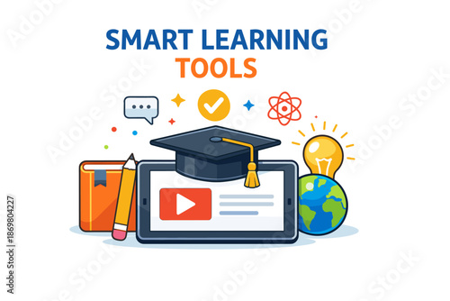 Smart learning tools: digital education with tablet, book, and graduation cap illustration