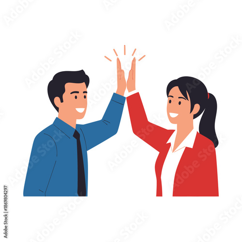 Man and Woman High Fiving in Business Attire.