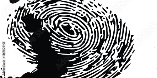 A close-up view of a black fingerprint on a white background. Black fingerprint impression isolated on a white background for security concepts. 