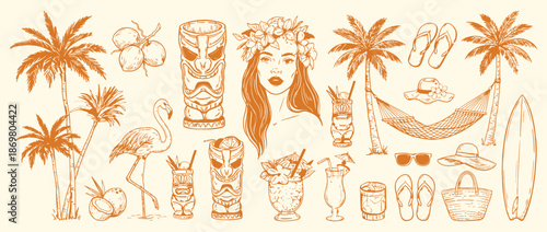 Tropical summer Hawaii doodle set with exotic hand drawn vector travel illustrations, paradise island kit featuring beach party objects, ocean rest line art and traditional Polynesian woman
