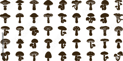A collection of various mushroom silhouettes arranged in rows on a white background