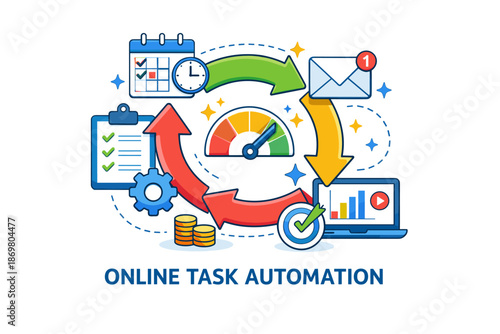 Online task automation concept with charts, clock, email, and gear icons