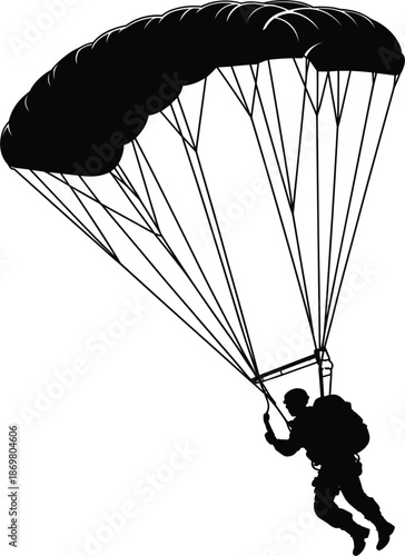 Military skydiver silhouette with parachute, paratrooper jumping vector illustration, extreme sports skydiving icon, naval aviation.