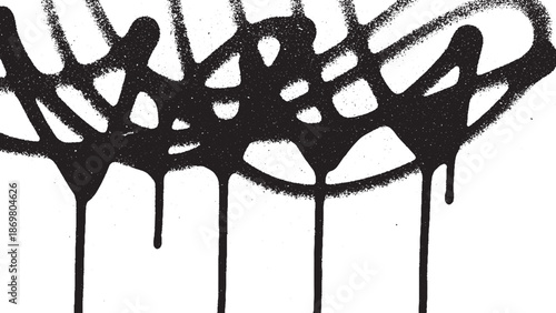 Black spray paint drips and splatters on a white background.