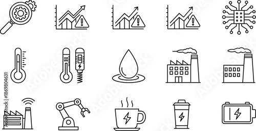 Industrial smart manufacturing icons set featuring predictive maintenance charts factory automation robotic arms energy efficiency sensors and technology development flat vector illustrations