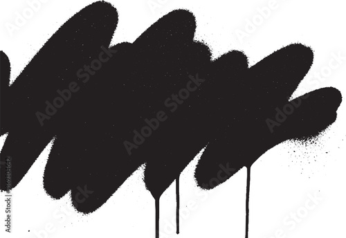 Black spray paint graffiti stain with drips on a white background.