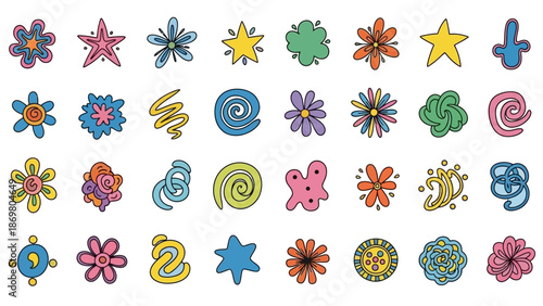 Whimsical Shape Grid Vector – Colorful Cartoon-Like Abstract Forms Including Stars, Flowers, Clouds, Spirals for Creative, Educational, and Decorative Design Projects