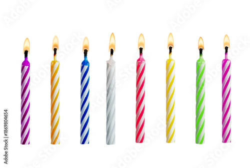 Set of colorful birthday candles with flames isolated on transparent background. Multicolored candles for design birthday themes. © Inna Dodor
