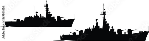 Black naval warship silhouettes, military destroyer vessel icons, maritime defense fleet vector, ocean navy battleship graphics.
