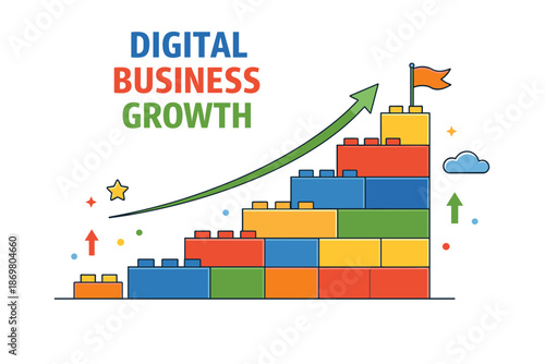 Digital business growth concept with colorful building blocks and arrow