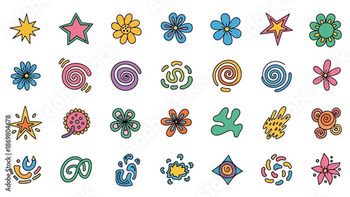 Whimsical Shape Grid Vector – Colorful Cartoon-Like Abstract Forms Including Stars, Flowers, Clouds, Spirals for Creative, Educational, and Decorative Design Projects