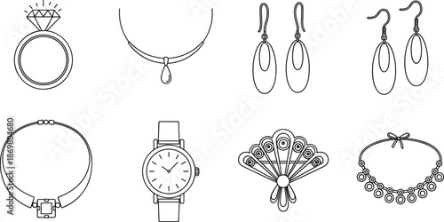 Luxury jewelry collection set with diamond ring necklace watch and earrings for coloring book cad drawing flat vector illustration icons