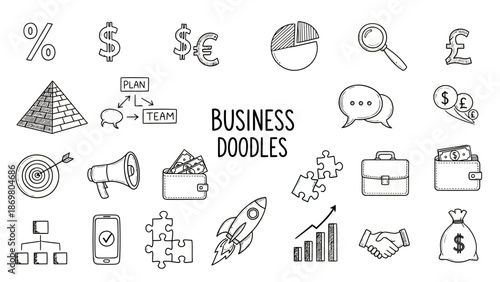 Business Doodle Icon Vector Set – Hand-Drawn Finance, Planning, Communication, Strategy Symbols for Presentations, Infographics, Education, and Creative Graphic Design Projects