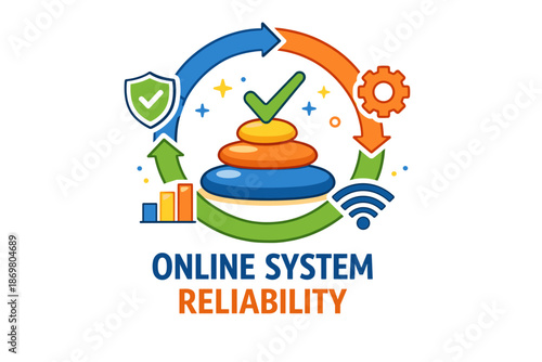 Online system reliability concept with arrows, checkmark, graph, gear, and wi-fi symbols