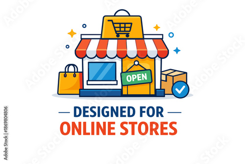 Open online store design with shopping cart and packages