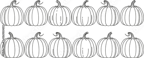 Minimalist Pumpkin Line Art Set Featuring Twelve Outlined Autumn Squash for Halloween Thanksgiving Fall Harvest Decor and Garden Food Illustration