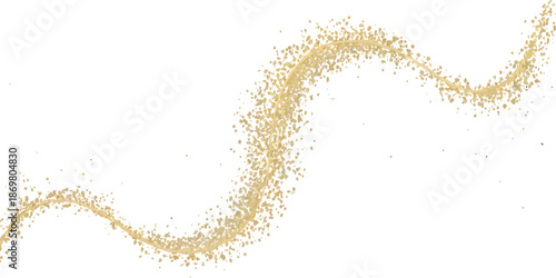 Sparkling golden dust trail creating an abstract wave on white background. Abstract glittering golden sparkle texture background with shiny wave. Golden glitter dust trail abstract light effect.