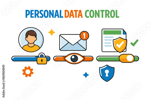 Personal data control illustration with icons of security and privacy elements