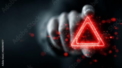 Urgent warning alert triggered by glowing red triangle symbol with glowing particles on dark background, indicating danger or critical alert.