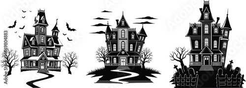 Spooky Haunted Mansion Silhouette Set Featuring Victorian Gothic Houses With Bats Dead Trees and Gravestones for Halloween Party Decor and Horror Design