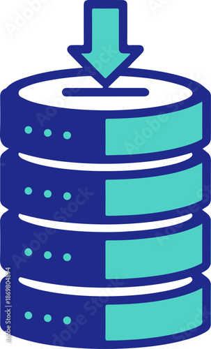 Modern Duotone Database Server Icon with Download Arrow. Data Storage and Cloud Backup Vector Illustration for Technology and Hosting.