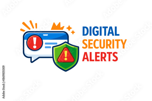 Digital security alerts icon with warning symbols and shield