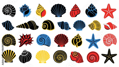 Sea Icon Vector Set – Stylized Shells, Starfish, Marine Symbols in Bold Colors for Beach Decor, Ocean Education, and Nautical Graphic Design Projects