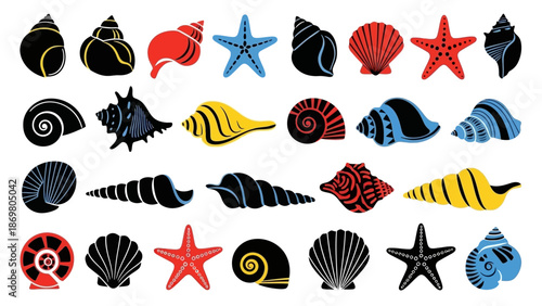 Sea Icon Vector Set – Stylized Shells, Starfish, Marine Symbols in Bold Colors for Beach Decor, Ocean Education, and Nautical Graphic Design Projects