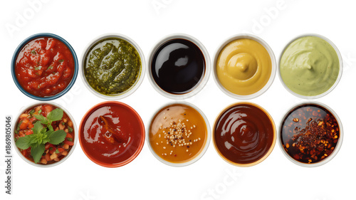 A top down view of many different colorful dipping sauces in small white bowls, isolated on transparent background