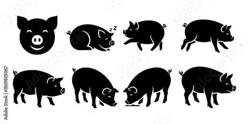 Collection of charming pig silhouettes depicting various poses and expressions on a white background