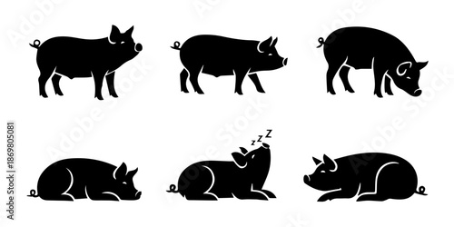 Collection of black pig silhouettes showcasing various farm animal poses and behaviors