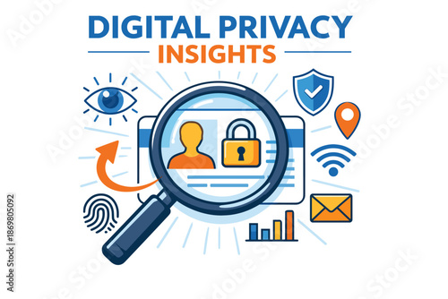 Digital privacy insights: magnifying glass on data protection and security icons